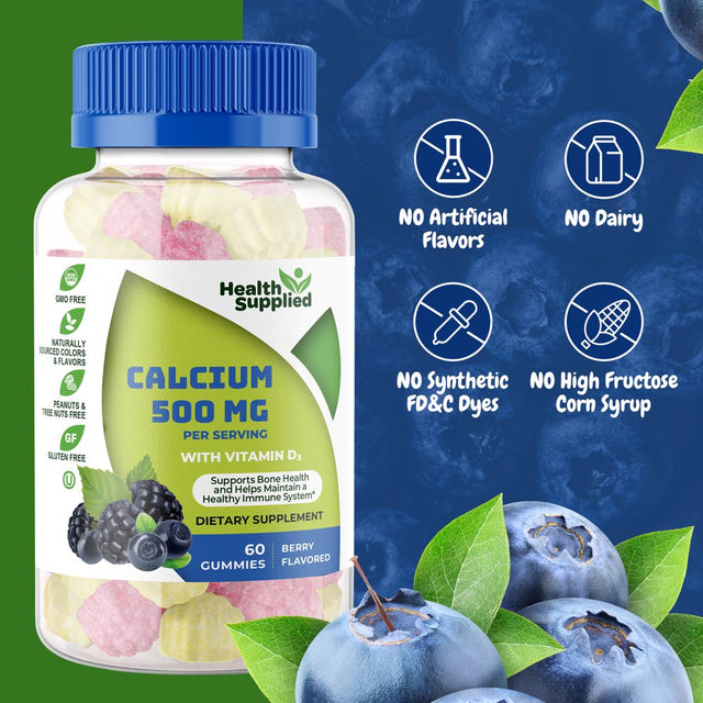 Calcium 500Mg with Vitamin D3 1000 IU Gummies 2 Pack | Great Tasting Natural Berry Flavor