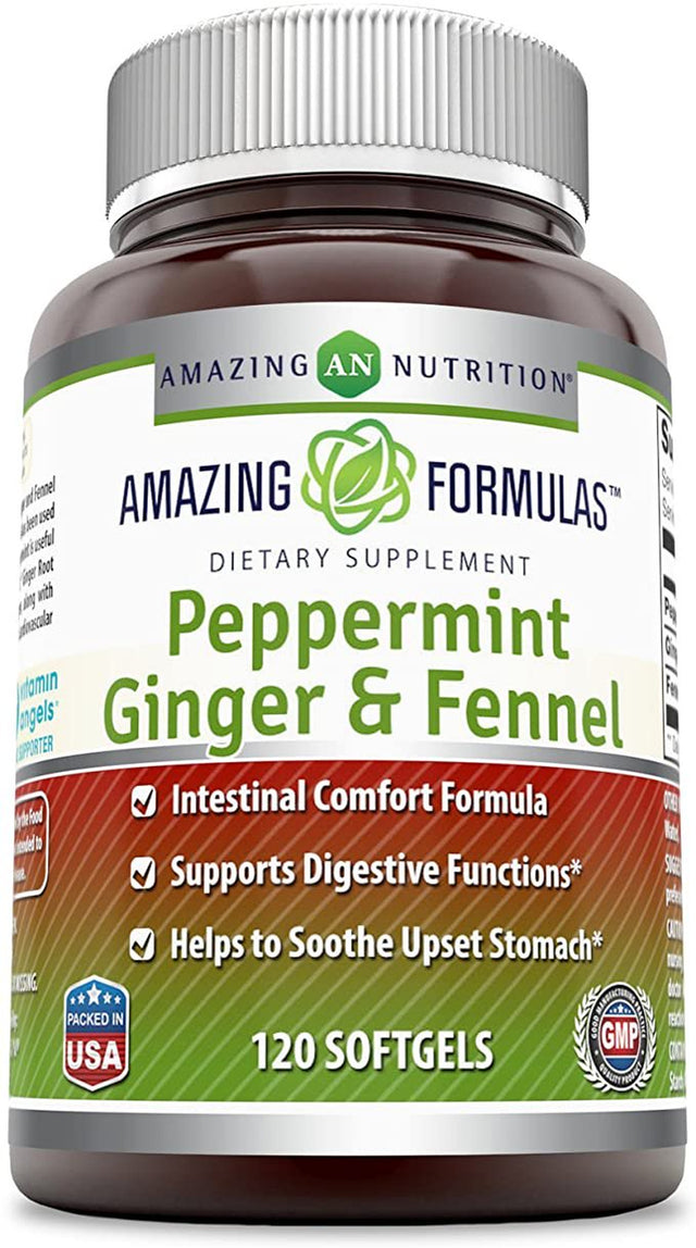 Amazing Formulas- Peppermint, Ginger and Fennel Dietary Supplement - 363 Milligrams - 120 Softgels (Non-Gmo,Gluten Free) - Supports Digestive Functions - May Soothe Upset Stomach