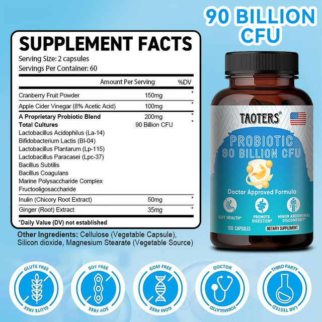 TAOTERS Daily Probiotic Supplement Capsules for Women and Men - Aids Digestion, Immunity, Gut Health