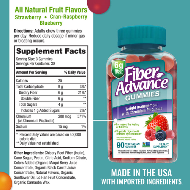 Fiber Advance Weight Management Gummies with Chromium Fiber Supplement, Natural Fruit, 90 Count