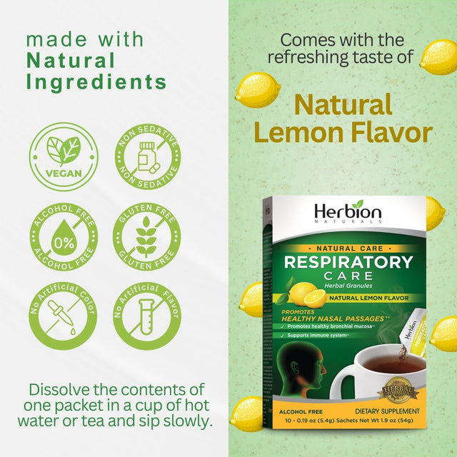 Herbion Naturals Respiratory Care Herbal Granules with Natural Lemon Flavor – 10 Ct, for the Whole Family – Promotes Healthy Respiratory Function - Relieves Cold & Flu Symptoms – Supports Immune Syste