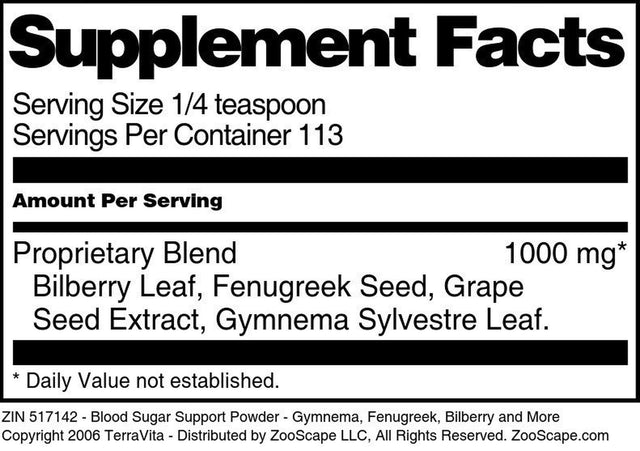 Terravita Blood Sugar Support Powder - Gymnema, Fenugreek, Bilberry and More, (4 Oz, 1-Pack, Zin: 517142)