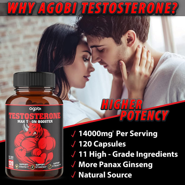 Agobi 11In1 Testosterone Supplement for Men from Herbal Extract 14000Mg Equivalent - Endurance, Drive, and Body Support 120 Vegan Capsules for 2 Months