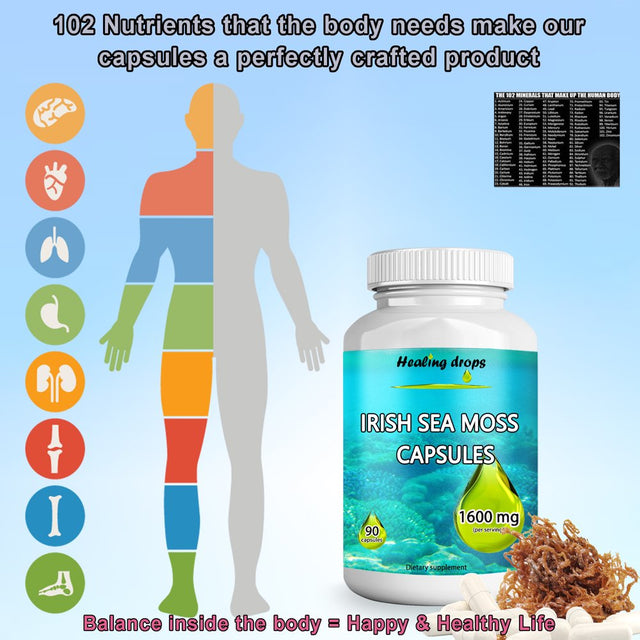 Irish Sea Moss 1600Mg – Raw Organic Sea Moss Gel Powder 120 Capsules – Keto Alkaline Non-Gmo Diet - Thyroid Joints Gut Skin Support by Healing Drops