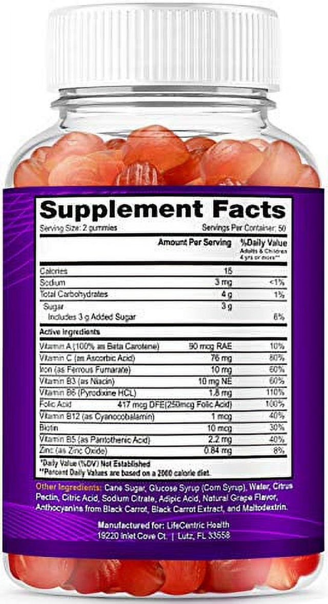 Lifecentrichealth Iron Gummies for Adults & Kids , Biotin Zinc Vitamin B Folic Acid Gummies , Vegan Gluten Free Blood Builder Anemia Supplements , Tasty Energy Boosting Iron Supplement for Women & Men