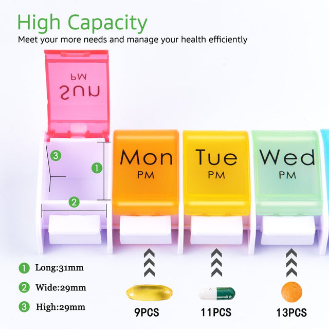 Greencycle Weekly 7 Day Push-Button Pill Organizer Arthritis Friendly 2 Times a Day AM/PM Bpa-Free Pill Box Moisture-Proof Pill Cases Design for Vitamins Fish Oil Compartments Supplements (Rainbow)