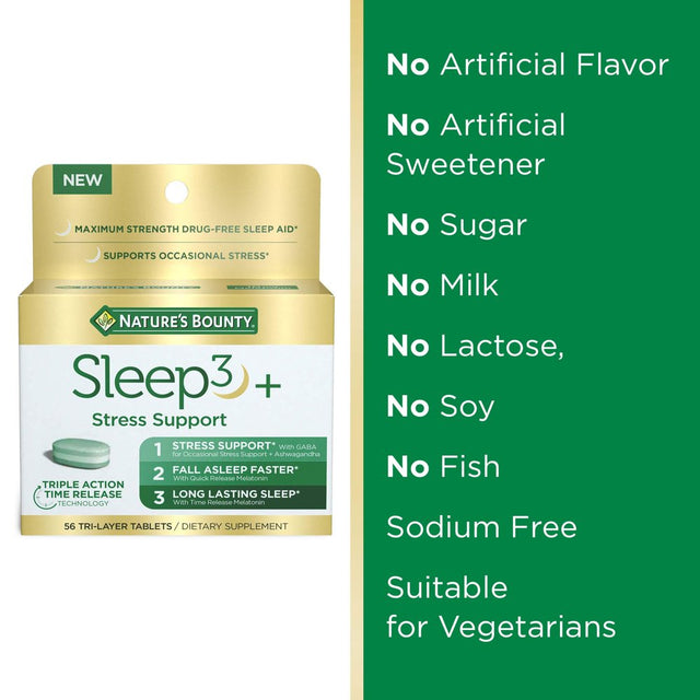 Nature’S Bounty Sleep3 Melatonin Sleep Aid with Stress Support, Dietary Supplement, Tri-Layered Tablets, 56 Ct