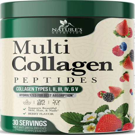 Nature'S Nutrition Collagen Peptides Powder - Grass Fed Hydrolyzed Protein, Type I, II, III, IV, & V, Hair, Skin, Nails & Joint Support, Keto, Paleo, Non-Gmo, Collagen Powder for Women - 30 Servings