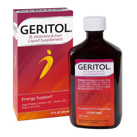 Geritol, Liquid Vitamin and Iron Supplement, Energy Support, Contains High Potency B-Vitamins and Iron, Pleasant Tasting, Easy to Swallow, No Artificial Sweeteners, Non-Gmo, 12 Oz