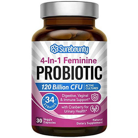 Surebounty 4-In-1 Feminine Probiotic, 120 Billion CFU + 34 Strains, Highest Potency for Women, Prebiotics + Digestive Enzymes + Cranberry, Digestive, Vaginal, Mood, Immune & Overall Support,