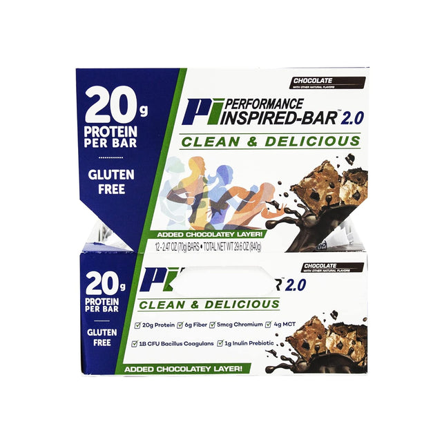 Performance Inspired Nutrition - Protein Bar 2.0 – Contains: 20G Protein - 6G Fiber - 4G Mcts - 1 Billion CFU Probiotics – 1G Prebiotics - G Free – BIG 70G Bar - Chocolate 12-Ct. Box