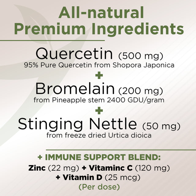 Quercetin with Vitamin C and Zinc - Nettle Quercetin - Quercetin 500Mg - Quercetin with Bromelain - Zinc Quercetin + Vitamin D3 - 360 Veggie Caps - (Non-Gmo, Gluten-Free, Vegan) 6 Month Supply