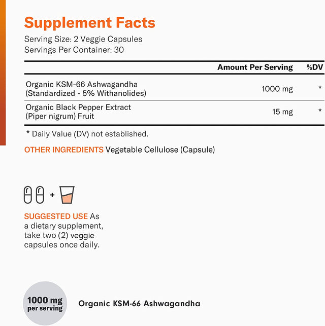 KSM-66 Ashwagandha Root Powder Extract - Stress, Mood, & Athletic Support - 1,000 MG of Clinically Studied KSM66 & Black Pepper for Maximum Absorption - 5% Withanolides - 60 Vegan Capsules