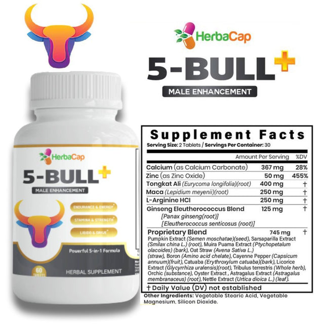 Herbacap 5 BULL plus | 5-In-1 Natural Herbal Supplement for Male - 60 Capsules