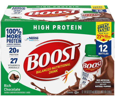 Boost High Protein Balanced Nutritional Drink, Rich Chocolate, Muscle Health & Energy with Protein, Vitamins & Minerals, 25% Less Sugars, 8 FL OZ Bottles, 12 CT