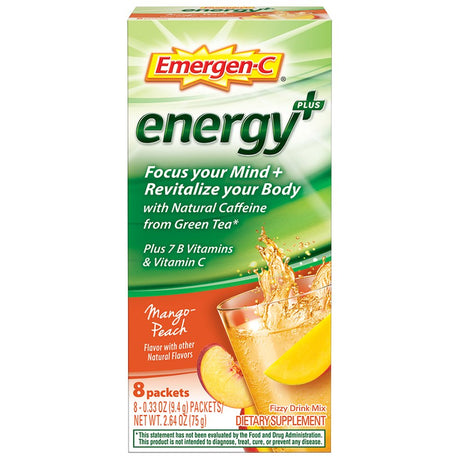 Emergen-C Energy+, with B Vitamins, Vitamin C and Natural Caffeine from Green Tea (8 Count, Mango Peach Flavor) Dietary Supplement Drink Mix, 0.33 Ounce Powder Packets