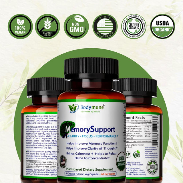 Bodymune Memory Support Supplement for Occasional Memory Loss Mental Fatigue Mental Exhaustion - Organic Ginkgo Biloba Ashwagandha Brahmi Chlorella Spirulina Noni Essential Oils & More 60-Day Supply