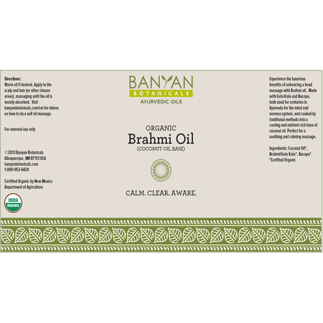 Banyan Botanicals Brahmi Oil with Coconut Base – Organic Massage Oil with Bacopa & Gotu Kola ­­– for Enhanced Focus, Calm Nervous System & Healthy Hair Growth – 4 Oz Non GMO Sustainably Sourced Vegan