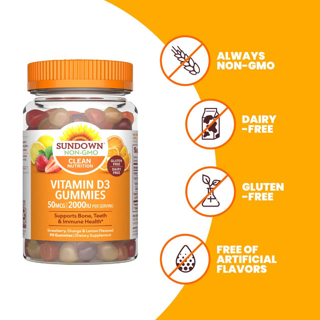 Sundown Vitamin D3 Gummies, Supports Bone, Teeth, and Immune Health, Naturally Flavored, 90 Gummies