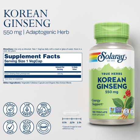 Solaray Korean Ginseng 550 Mg | Healthy Stress, Energy & Physical Endurance Support | 100 Vegcaps