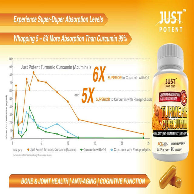 Just Potent Ultra-High Absorption Turmeric Curcumin with Bioperine | 3-Month Supply | Joint Health, Bone and Antioxidant | 90 Capsules