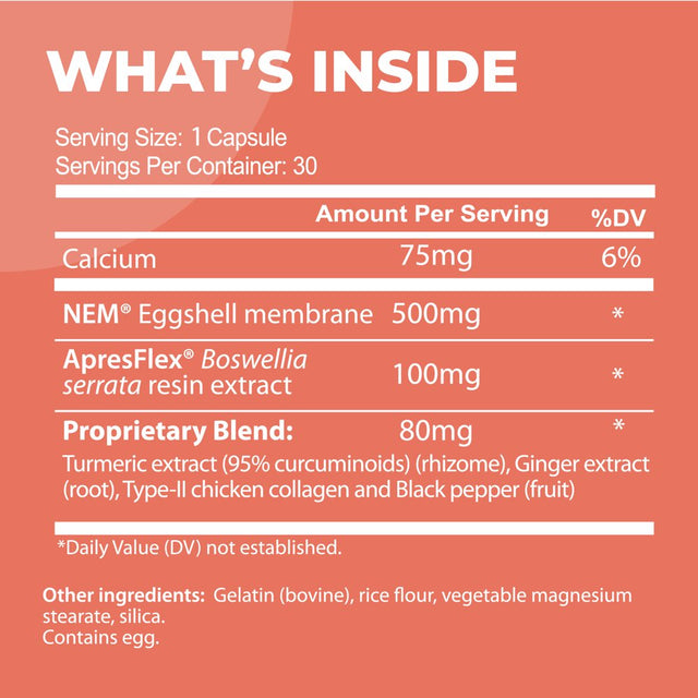 Joint Support NEM Eggshell Membrane with Boswellia Extract, Calcium & Turmeric by Purehealth Research