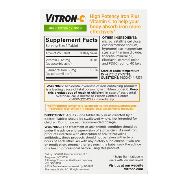 Vitron-C Iron Supplement, Once Daily, High Potency Iron plus Vitamin C, 60 Count