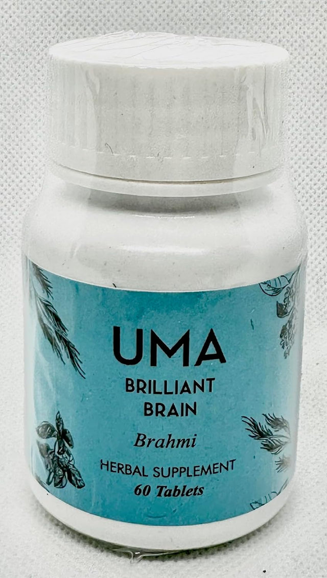 UMA Brilliant Brain Herbal Supplement | 100% Organic Ayurvedic Brahmi Supplement for Concentration, Focus, Recall Ability | Vegan Formula (60 Tablets)