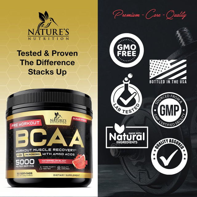 BCAA Powder - Post Workout Muscle Recovery Support Supplement, Pre Workout Energy 2:1:1 with Essential Amino Acids, Keto, Sugar-Free, 4G Bcaas plus 1G Glutamine per Serving, Watermelon - 50 Servings