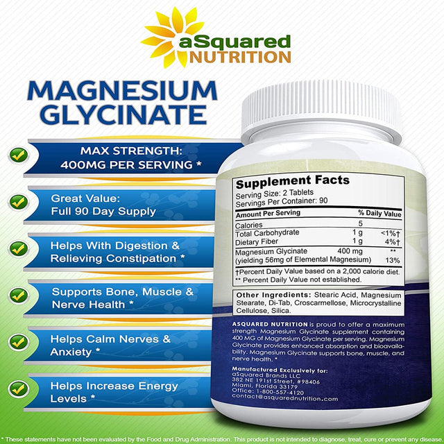 Magnesium Glycinate 400Mg - 180 Tablets - Max Strength Magnesium Bisglycinate Chelate Supplement - Maximum Bioavailability & Absorption - Non-Gmo - Supports Muscles, Bones & Heart