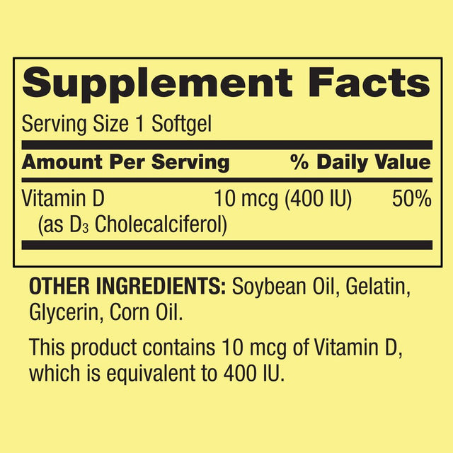 Spring Valley Vitamin D3 Supplement, 10 Mcg (400 IU), 200 Softgels