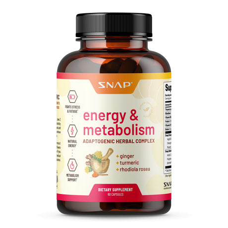 Snap Supplements Energy & Metabolism Booster - Adaptogenic Herbs Ginger Turmeric - 60 Capsules