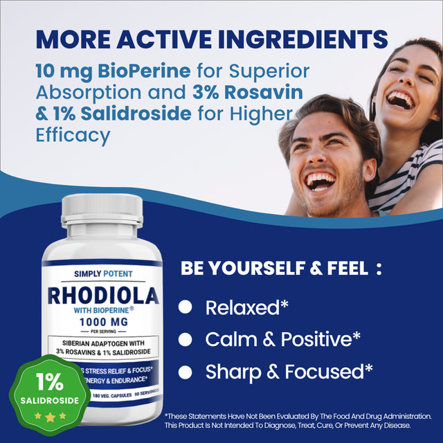 Siberian Rhodiola Rosea Capsules, Max Absorption Rhodiola 1000Mg 180 Pills with 10Mg Bioperine, Rhodiola Root Powder Extract Supplement W 3% Rosavins & 1% Salidroside for Stress Relief, Mood & Energy