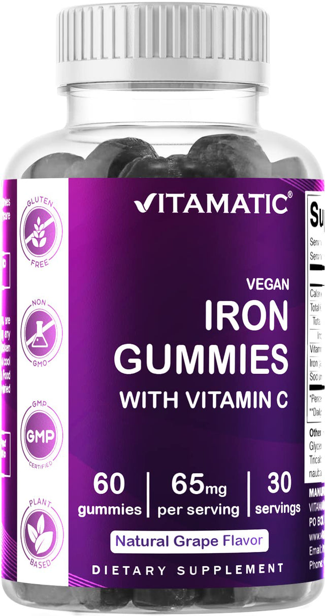 Vitamatic Iron 65 Mg Gummies Supplement for Women & Men - 60 Vegan Gummies - Great Tasting Iron Gummy Vitamins with Vitamin C