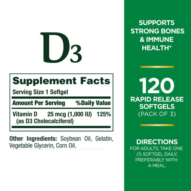 Nature'S Bounty Vitamin D3 1000 IU Softgels for Bone & Immune Support, 120 Ct