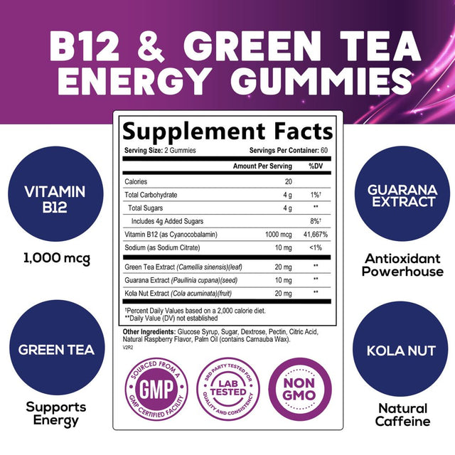 Energy Gummies Vitamin B12, Green Tea and Guarana Extract, Daily Energy Vitamin Supplement, Delicious Raspberry Flavor Gummy Chewable Supplement for Men and Women, Non-Gmo and Vegan - 120 Gummies