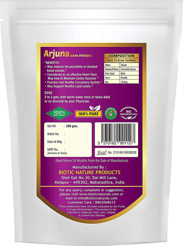 Biotic Natural Arjuna Bark Powder (Terminalia Arjuna) - 200 G. | Herbal Powder for the Heart