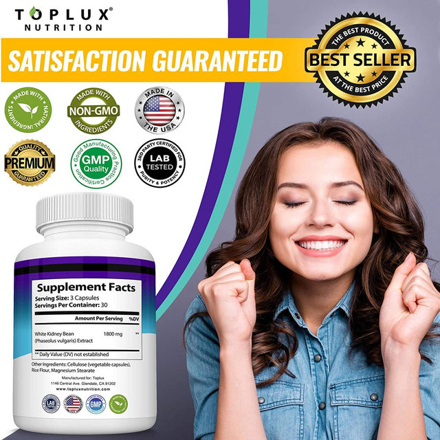 Toplux Keto Blocker Pills White Kidney Bean Extract 1800Mg Support Keto Diet 90 Capsules