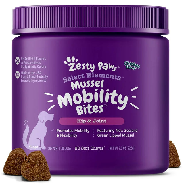 Zesty Paws Select Elements Mussel Hip & Joint Mobility Bites for Dogs, Glucosamine, Chondroitin, and Omega-3 Fatty Acids, Chicken Flavor, 90 Count Soft Chews