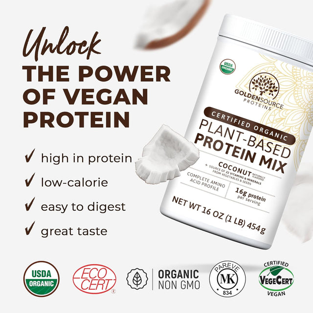 Goldensource Proteins, Coconut, Plant Based Protein Powder, Protein Mix, Protein Powder with 22 Vitamins & Minerals, 16G of Protein, & Complete Amino Acid Profile, Vegan Protein Powder