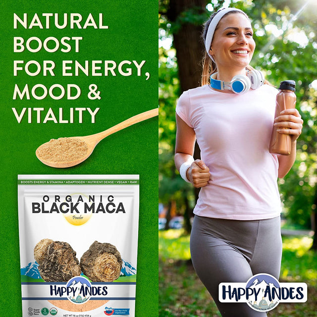 Happy Andes Organic Black Pure & Raw Maca Root Powder Non-Gmo, USDA for Energy & Fitness, Performance & Mood for Men & Women, Gluten Free, Peruvian Superfood, Blue, 16 Oz