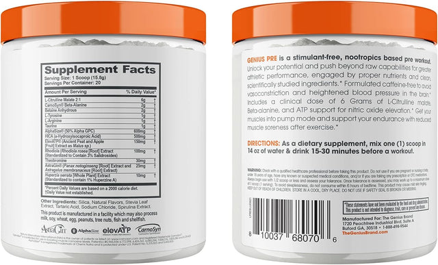 Genius Pre Workout Powder, Blue Raspberry - All-Natural Nootropic Pre-Workout & Caffeine-Free Nitric Oxide Booster Supplement with Beta Alanine & Alpha GPC - No Artificial Flavors, Sweeteners, or Dyes