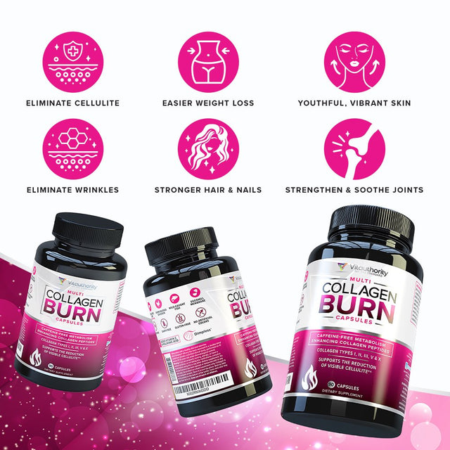 Multi Collagen Burn Pills for Weight Loss - Hydrolyzed Collagen Peptides with Cellulite Smoothing Support for Women - Vitamin C, Hyaluronic Acid & Protein 90 Capsules