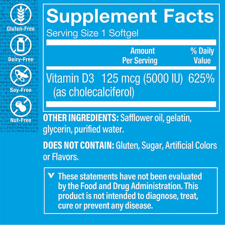 Vitamin D3 5000IU Softgel, Supports Bone & Immune Health, Aids in Cellular Growth & Calcium Absorption, Gluten Free & Once Daily Formula (100 Softgels) by the Vitamin Shoppe