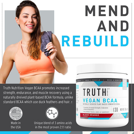 Vegan BCAA Powder- 2:1:1 Ratio Natural Bcaas Amino Acids Powder for Energy, Muscle Building, Post Workout Recovery Drink for Muscle Recovery (Blood Orange, 30 Servings)