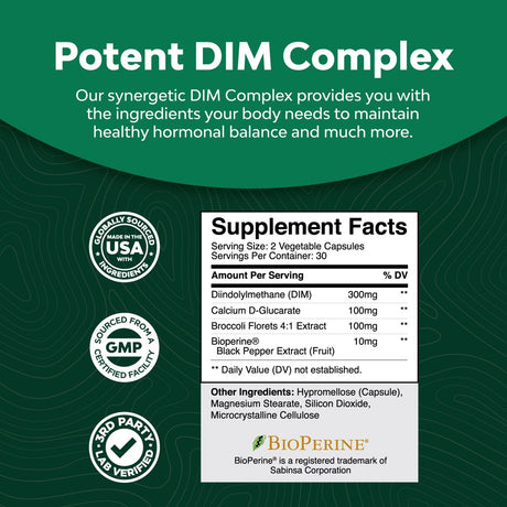 Extra Strength Diindolylmethane DIM Supplement - 300Mg per Serving DIM Complex Men and Womens Hormone Balance Supplement with DIM SGS and Calcium D-Glucarate - Herbal DIM Supplement 30 Servings