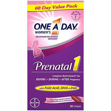 One a Day Women'S Prenatal 1 Multivitamin Including Vitamin A, Vitamin C, Vitamin D, B6, B12, Iron, Omega-3 DHA & More, 60 Count - Supplement for Before, During, & Post Pregnancy