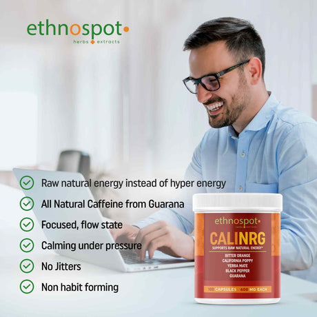 Calinrg Herbal Energy Supplement - Promotes Raw & Natural Daytime Energy without Jitters - California Poppy for Calm Energy - Guarana Yerba Mate & Bitter Orange for Focused Energy - 100 Vegan Capsules