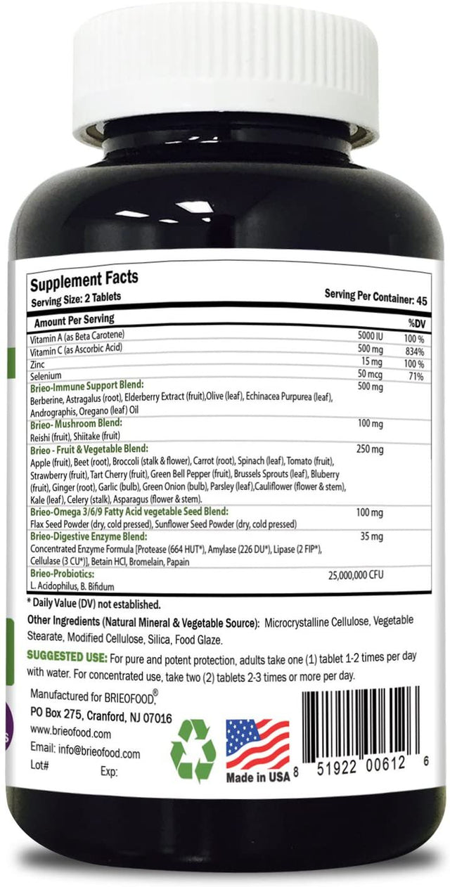 Brieofood Immune 90 Tablets, Food Based Daily Immune System Booster Supplement Made with Vegetable Source Omegas, Probiotics and Herbal Blends