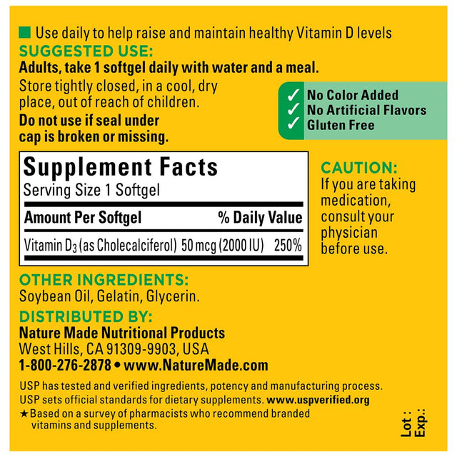 Nature Made Vitamin D3 2000 IU (50 Mcg) Softgels, Dietary Supplement for Bone and Immune Health Support, 100 Count